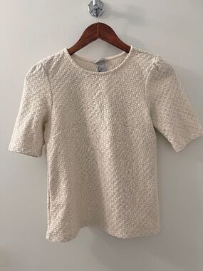 Ivory Basketweave Knit Puff Sleeve Top Blouse Womens Small